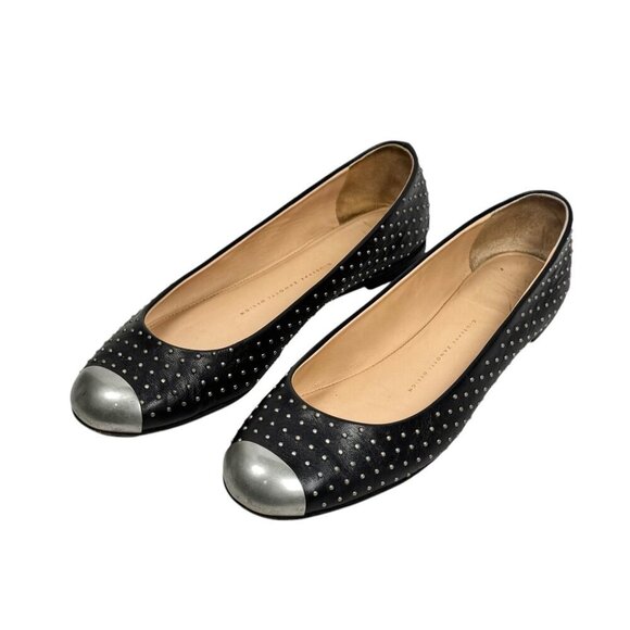 Giuseppe Zanotti Studded Flats Sz.9.5 Black Leather Silver Metal Cap Toe - Picture 1 of 13